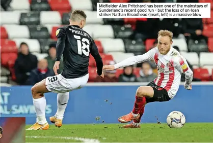  ?? ?? Midfielder Alex Pritchard has been one of the mainstays of Sunderland’s recent good run – but the loss of on-loan striker Nathan Broadhead (inset, left) is a massive blow