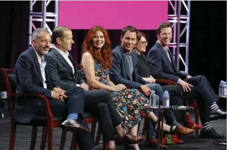  ?? CHRIS HASTON/NBC ?? From left, Will & Grace co-creators David Kohan and Max Mutchnick, and stars Debra Messing, Erick McCormack, Megan Mullally and Sean Hayes.