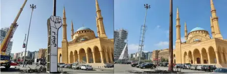  ?? (AFP) ?? Views of the ‘Revolution fist’ installati­on, a symbol of Lebanon’s October 2019 uprising, at the Martyrs’ Square in the capital Beirut, before and after it was burnt down on Tuesday