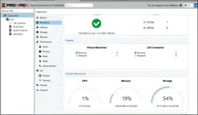  ??  ?? The DataCenter view. Not only is ProxMox free but it looks great and has advanced features that usually cost serious money and licensing costs.