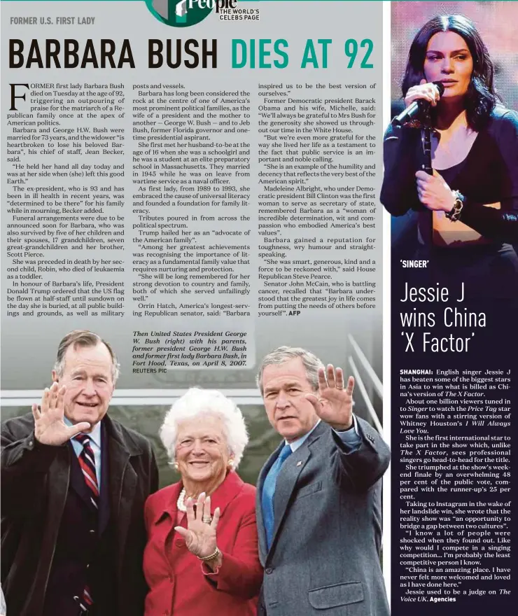  ?? REUTERS PIC ?? Then United States President George W. Bush (right) with his parents, former president George H.W. Bush and former first lady Barbara Bush, in Fort Hood, Texas, on April 8, 2007.