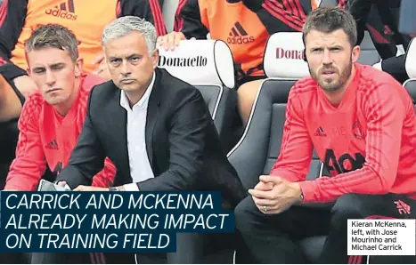  ??  ?? Kieran McKenna, left, with Jose Mourinho and Michael Carrick