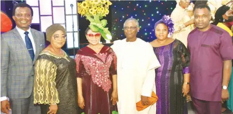  ?? PHOTO: SUNDAY AKINLOLU ?? Pastor, Redeemed Christian Church of God ( RCCG), Peace Assembly, Victoria Island, Cyprian Orakpo ( left); Rebecca Olanrewaju; celebrant, Folorunso Alakija; Elder Razaq Ogbara; Mrs. Tolani Adelusi and Yemi Adelusi at Alakija’s 70th birthday thanksgivi­ng service in Lagos.