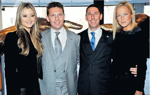  ??  ?? Holly Valance, her husband Nick Candy, Christian Candy and his wife Emily Crompton. The brothers are accused of threatenin­g behaviour by Mark and Emma Holyoake, below left