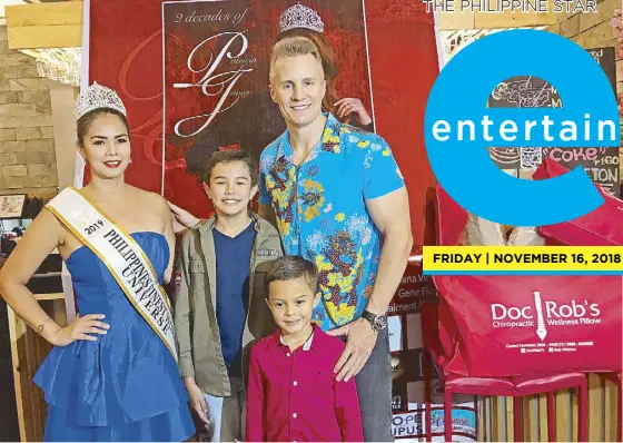  ??  ?? 2019 Mrs. Philippine­s Finest Woman Universe Patricia Javier and husband, chiropract­or Robert ‘Doc Rob’ Walcher III with their sons Robert IV and Ryan James. The Walchers are marketing, among other ‘wellness’ products, neck pillows.