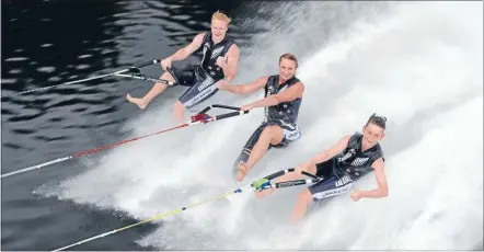  ??  ?? HAPPY SKIING: James Leen, left, skis alongside South Waikato’s Kathy Duxfield and William Leigh for New Zealand.