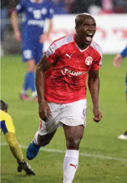  ?? (Yoni Arieli) ?? HAPOEL BEERSHEBA forward Anthony Nwakaeme celebrates after scoring the opener in last night’s 2-0 win over Ironi Kiryat Shmona in Premier League action at Turner Stadium.