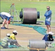  ?? PTI ?? Oz captain Steve Smith inspects the pitch before the third Test.