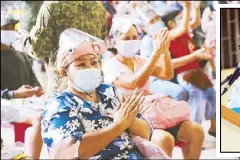  ??  ?? Fire victims cheer as Sen. Bong Go (inset) vows to help them recover during a recent visit in Muntinlupa.