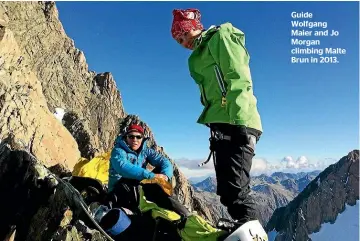  ??  ?? Guide Wolfgang Maier and Jo Morgan climbing Malte Brun in 2013.