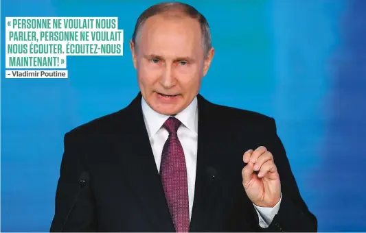  ??  ?? Le président Vladimir Poutine a dévoilé les dernières armes de la Russie lors d’une adresse annuelle devant les parlementa­ires. PHOTO AFP