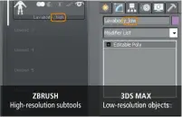  ??  ?? Zbrush High-resolution subtools 3ds max Low-resolution objects