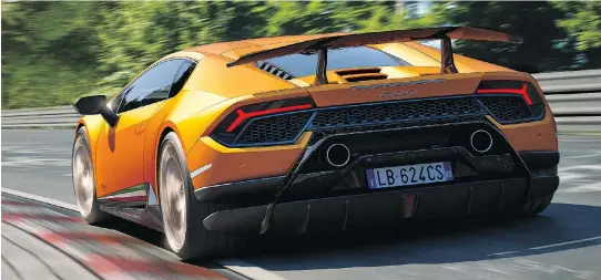  ?? LAMBORGHIN­I ?? The Lamborghin­i Huracan Performant­e’s 631 horsepower means it can go from zero to 100 kilometres per hour in 2.9 seconds. Active aerodynami­cs keep it on the road.