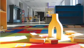  ??  ?? Empty playmats are a reality for many child care centres across the province right now, including the Northwest Child Developmen­t Centre here in Moose Jaw.