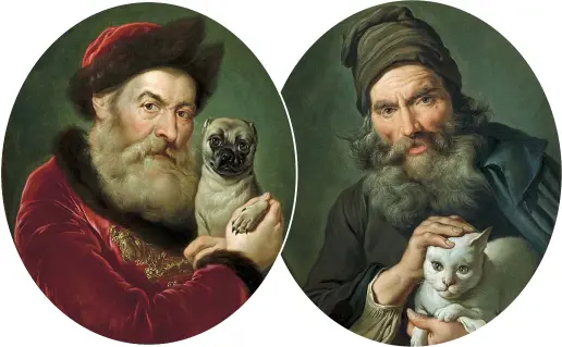  ??  ?? Gli animali del «Pitocchett­o» Da sinistra, Giacomo Ceruti, «Ritratto di vecchio con carlino» e «Ritratto di vecchio con gatto bianco» (coll. private)