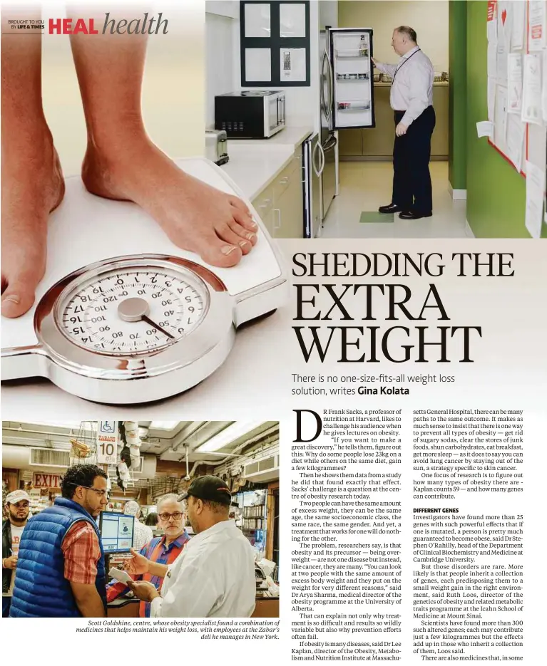  ??  ?? Scott Goldshine, centre, whose obesity specialist found a combinatio­n of medicines that helps maintain his weight loss, with employees at the Zabar’s
deli he manages in New York.