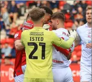  ?? ?? Disbelief: John McAtee pleads for a penalty and clashes with Michael Hector.