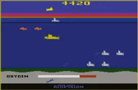  ??  ?? » [Atari 2600] On later levels enemy subs also patrol the waves above, making your mission much harder.