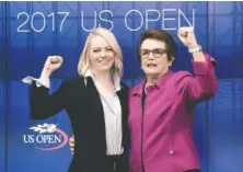  ?? JULIO CORTEZ/THE ASSOCIATED PRESS ?? Actress Emma Stone, left, and tennis great Billie Jean King pose for photos after a news conference discussing the film “Battle of the Sexes’” in New York. The story of the early days of the tour and King’s fight for equal prize money is chronicled in...