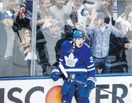  ?? PHOTOS: PETER J THOMPSON ?? Toronto Maple Leafs star Auston Matthews celebrates his second period goal against the Boston Bruins in Game 3 of the first round series at the Air Canada Centre, in a game the desperate Leafs won 4-2 after dropping the first two contests in Boston...