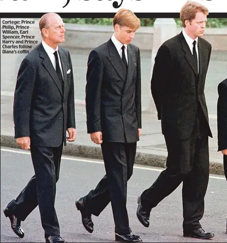  ??  ?? Cortege: Prince Philip, Prince William, Earl Spencer, Prince Harry and Prince Charles follow Diana’s coffin