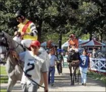  ?? DAVID M. JOHNSON — DJOHNSON@DIGITALFIR­STMEDIA.COM ?? Horses are led from the paddock to the main track for the post parade before the start of Race 7 Monday at Saratoga Race Course.