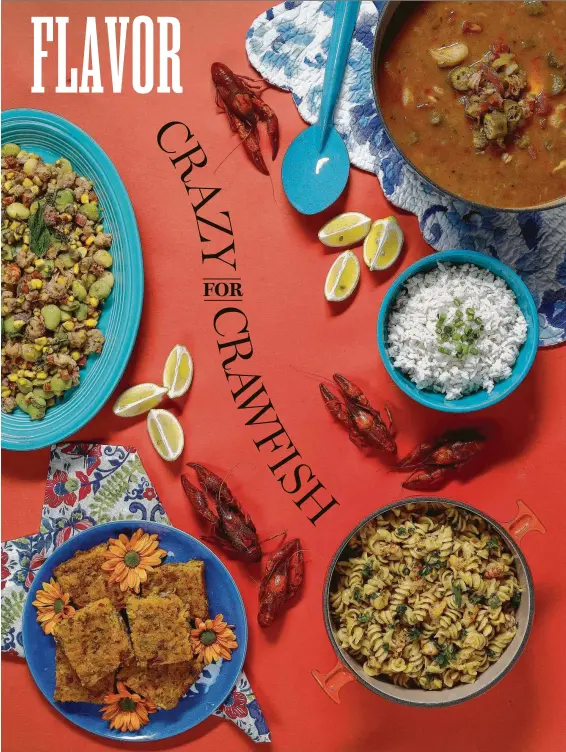  ?? Karen Warren / Staff photograph­er ?? It’s easy to use thawed, frozen crawfish tail meat in a variety of Cajun- and Creole-flavored dishes, from upper right: Crawfish and Shrimp Gumbo, Crawfish and Cream Over Pasta, Crawfish Cornbread and Crawfish Succotash. Recipes, page D4