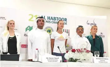  ?? Alaric Gomes/Gulf News ?? From left: Wild card Monika Kilnarova, Nasser Al Marzouqi, Kristine Mladenovic, Khalaf Al Habtoor and Dalma Galfi at the formal announceme­nt of the 21st Al Habtoor Tennis Challenge.