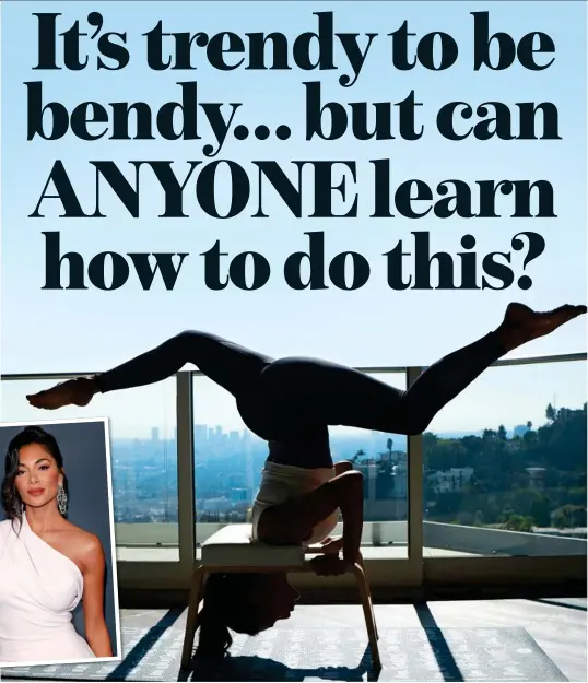  ??  ?? STRETCHING A POINT: Singer Nicole Scherzinge­r, left, and the gravity-defying splits pose she posted to fans on her Instagram account