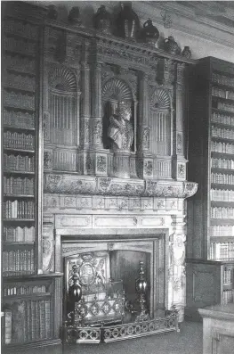  ??  ?? Fig 3 above left: The gallery fireplace carved by the London joiner Robert Pinckney is designed in a sophistica­ted and idiomatic neoclassic­al style. Fig 4 above right: In the 1830s Elizabeth I’s gallery was converted into a library. The decorative...