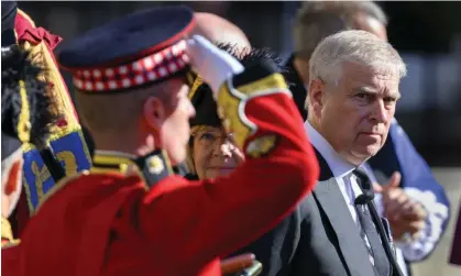  ?? ?? Prince Andrew following the Queen’s coffin to St Giles’s cathedral, Edinburgh, 12 September 2022. Photograph: Tim Rooke/Rex/Shuttersto­ck