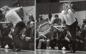  ?? ASSOCIATED PRESS FILE ?? 1985: Indiana coach Bob Knight is ejected five minutes into the Hoosiers’ 72-63 loss to Purdue when he throws a chair across the court. Knight, after two fouls called on his team, is hit with his first technical. While Purdue was shooting the technical, Knight picks up a chair from the bench area and throws it across the court, earning his second technical.