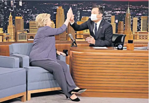  ??  ?? Hillary Clinton jokes about her health with comedian Jimmy Fallon on his chat show, to be broadcast tomorrow night