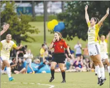  ?? Photo courtesy of JBU Sports Informatio­n ?? John Brown senior Sara Frey jumps in celebratio­n after scoring a goal to give the Golden Eagles a 2-1 lead against MidAmerica Nazarene (Kan.) on Friday in their season-opener. Frey’s goal proved to the gamewinner for JBU in a 2-1 victory.