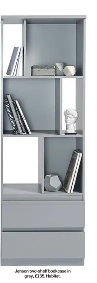  ??  ?? Jenson two-shelf bookcase in grey, £135, Habitat.