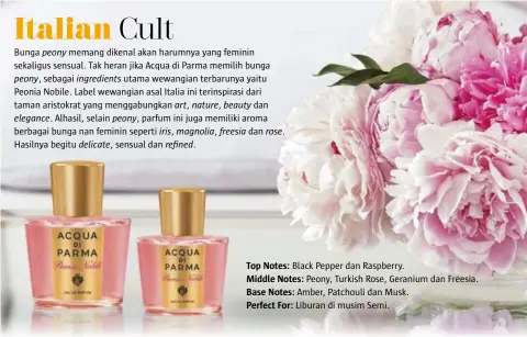  ??  ?? Top Notes: Black Pepper dan Raspberry. Middle Notes: Peony, turkish Rose, geranium dan Freesia. Base Notes: amber, Patchouli dan Musk. Perfect For: Liburan di musim semi.