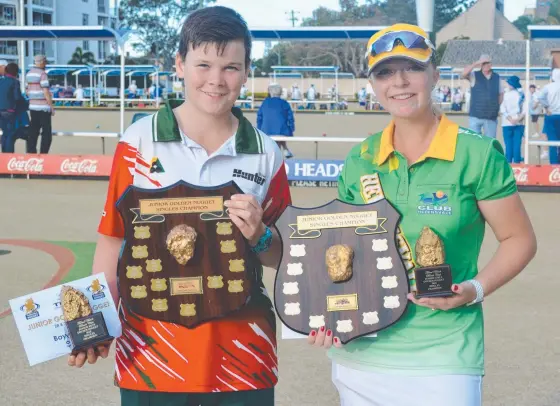  ??  ?? Jake Rynne and Jessie Cottell after wining the Under-18 Singles finals at the Golden Nugget at Tweed Heads Bowls Club yesterday.