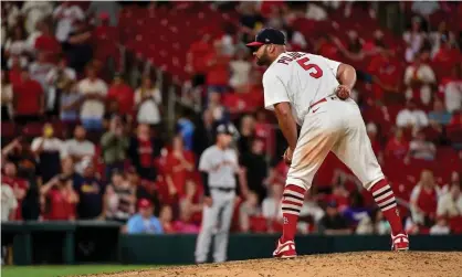  ?? Debut since Lena Blackburne brought ?? Albert Pujols pitches against the San Francisco Giants during the ninth inning at Busch Stadium. Photograph: Jeff Curry/USA Today Sports oldest player to make his pitching himself in at age 42 in his final game as