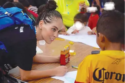  ?? The Associated Press ?? Q In this October 2019 photo provided by Pocho Sanchez, Daniela Dominguez, assistant professor in counseling psychology at University of San Francisco, draws and chats with children from Honduras at a migrant camp in Matamoros, Mexico.