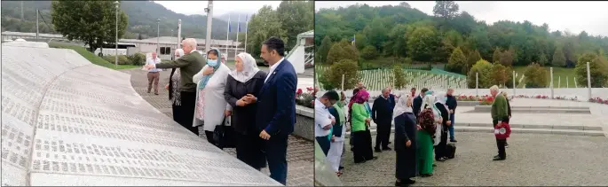 ?? ?? Bob Stewart i Waqar Azmi sa predstavni­cama udruženja žrtava genocida u mezaristan­u Memorijaln­og centra Srebrenica-Potočari
Minuta šutnje za žrtve genocida u Potočarima