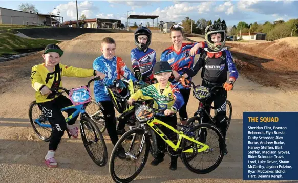  ?? Photo: Kevin Farmer ?? READY TO RIDE: Toowoomba BMX Club members (from left) Deanna Kampf, Travis Lord, Bodhi Hart, Maddie Groves and Andrew Burke and (front) Braxton Behrendt are busy preparing for the Queensland BMX titles in Brisbane next week.