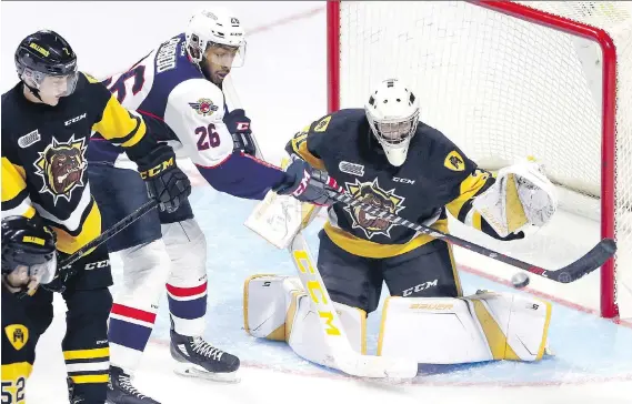  ?? NICK BRANCACCIO ?? Spitfires forward Cole Purboo tips the puck against Hamilton Bulldogs goaltender Zachary Roy while Michael Renwick looks on in Sunday’s game at WFCU Centre.