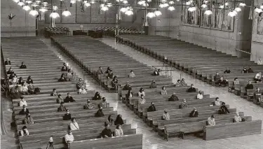  ?? Associated Press file photo ?? Worshipper­s sit at a social distance in Cathedral of Our Lady of the Angels last June. The Supreme Court has told California that it can’t enforce a ban on indoor church services because of the coronaviru­s pandemic.