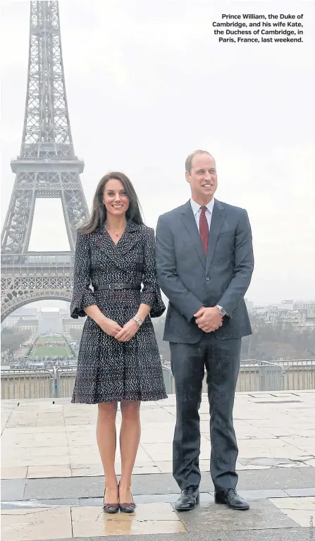  ??  ?? Prince William, the Duke of Cambridge, and his wife Kate, the Duchess of Cambridge, in Paris, France, last weekend.