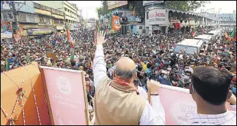  ?? ANI ?? Union home minister Amit Shah during a roadshow in West Bengal on Friday.