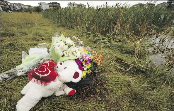  ?? IAN KUCERAK ?? A memorial rests next to a storm-water pond where Krystyna Maksymova, 14, drowned while trying to rescue a neighbour’s dog.