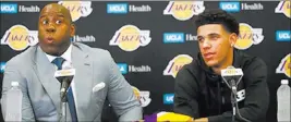  ?? Jae C. Hong ?? The Associated Press Magic Johnson, president of basketball operations for the Los Angeles Lakers, is caught off guard by a comment from Lonzo Ball, the team’s top draft pick, on June 23. Bettors at the Westgate like the Lakers’ chances of making the...