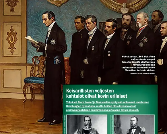  ?? CESARE DELL’ACQUA/WIKIMEDIA COMMONS ?? Huhtikuuss­a 1864 Meksikon valtuuskun­ta saapui Triesten lähellä sijaitseva­an Miramaren linnaan tarjotakse­en Maksimilia­nille Meksikon keisarin virkaa.