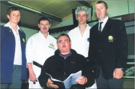  ?? ?? World karate champion Natalie O’Sullivan (left) with Sensei Brian Toomey, Richard Whealey (Ballyarthu­r, Fermoy), Sensei PJ Moloney and Sensei David O’Donovan at the launch of IJKA Ireland’s 5 year plan in Fermoy Rowing Club, 21 years ago.