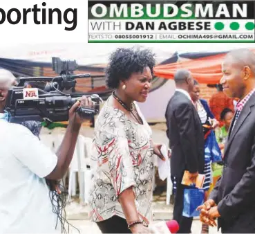  ??  ?? Television journalist­s from the Nigerian Television Authority (NTA) interview a man at an event in Lagos July 17, 2014. Nigeria’s press is traditiona­lly free to write almost anything about anyone whether it’s true or not. But reporters fear a...